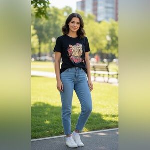 Sabanna Jane Black T-Shirt with Leopard and Embroidery Floral Design Boho Casual